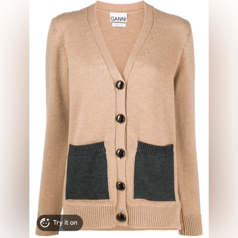 Ganni Camel V-Neck Cardigan with Charcoal Patch Pockets
